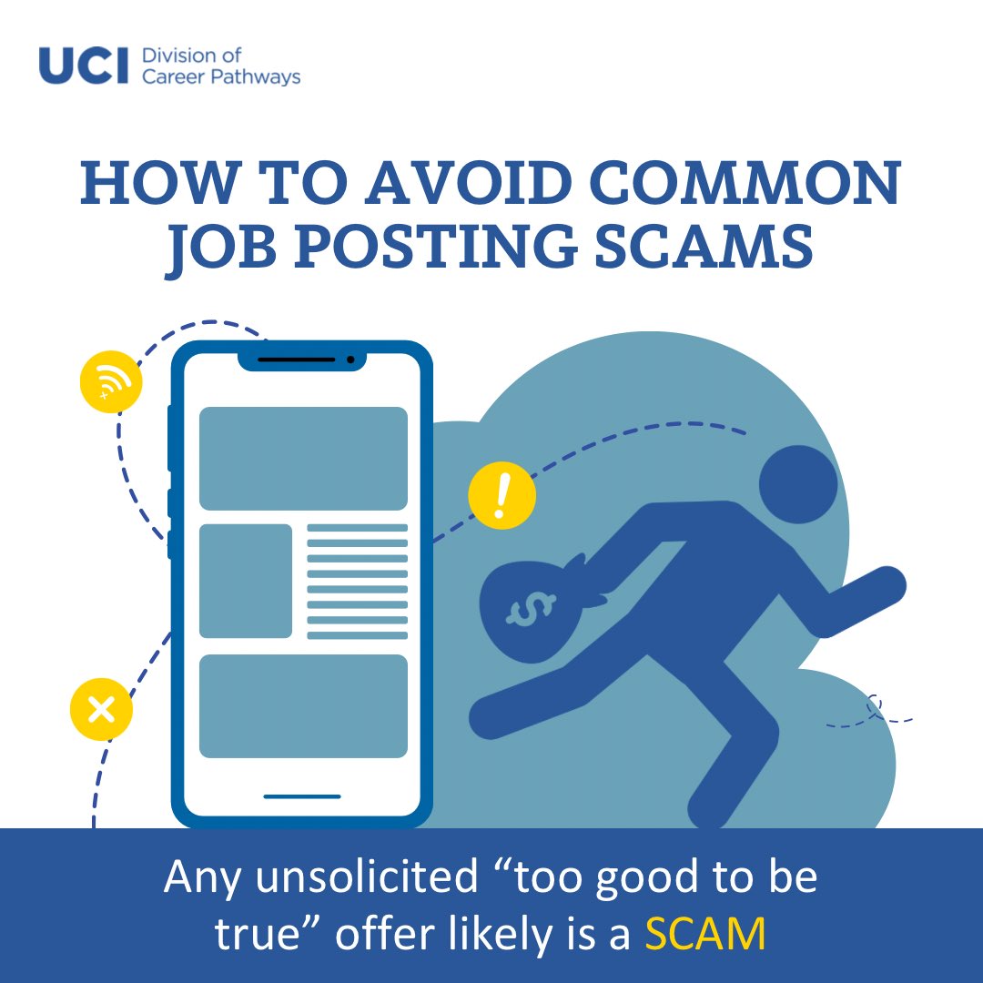 UCICareer's tweet photo. Do you REALLY know how to identify job posting scams? Swipe for the DOs and DON’Ts for your job search! Best of luck to those looking for jobs and internships🤞 Remember to watch out for scams and stay safe online ⚠️ Contact us if you are in doubt and want to check anything! https://t.co/P1UljZSkKk