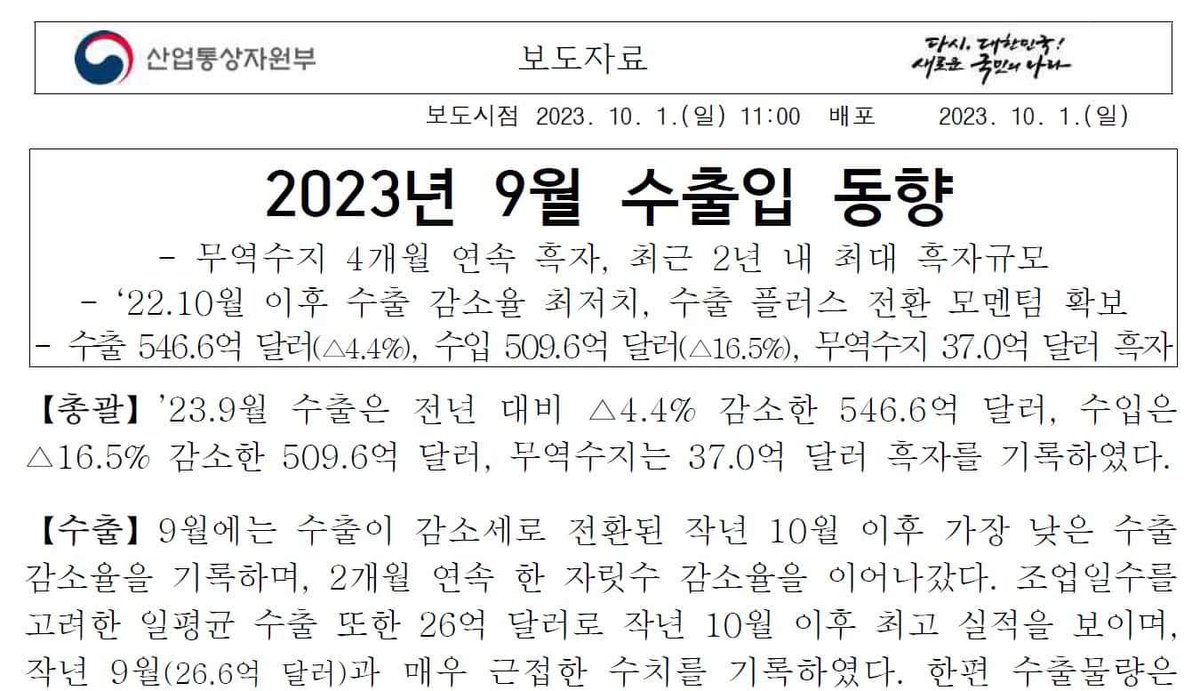 wpdlatm10's tweet photo. 이봉렬 기자

매달 1일이면 산업통상자원부에서 그 전 달의 수출입 동향을 정리해서 보도자료로 뿌려.

어쩌다 보니 그걸 매달 보게 됐는데 이 달에는 좀 웃긴 내용이 있어서 소개를 해 보려고 해.

보도자료에서 제일 눈에 띄는 건 “무역수지 4개월 연속 흑자, 최근 2년 내 최대 흑자규모”라는 부제목이야.

이게 수출이 줄어드는 중에 수입은 더 크게 줄어서 발생하는 불황형 흑자라는 건 이제 대충 다 알 테니 이건 그냥 패스.

내가 보기에 더 웃긴 건 이거야.

“‘22.10월 이후 수출 감소율 최저치, 수출 플러스 전환 모멘텀 확보”

윤석열 이후 수출이 꾸준히 감소하긴 했지만 이제 그 감소율이 최저치로 떨어졌다는 거지.

그럼 어떻게 수출 감소율이 최저치로 떨어졌을까?

수출 감소율이라는 건 일년 전 같은 달의 수출액을 비교해서 그 증감을 이야기하는 거거든.

올 해 5월까지만 해도 1년 전이면 문재인 정부였잖아.

윤정부와 문정부의 수출액을 일대 일로 비교해 버리니 윤정부의 수출 감소가 어마어마했던 거지.

그런데 6월 이후로는 윤과 문의 비교가 아니라 그냥 윤과 윤의 비교가 되는 거야.

집권 후 워낙 빠르게 나라를 망치고 수출을 줄여 버려 놓는 바람에 일년이 더 지난 지금은 더 이상 떨어질 게 없는 거지.

그러니 수출액이 지난 1년 사이 최고라든지, 올 해 들어 최고라든지 하는 말은 못하고 수출 감소율이 최저라는 걸 자랑이라고 하고 있는 거야.

내가 관심 있는 건 반도체니까 반도체만 따로 볼게.

“반도체(△13.6%)는 작년 10월 이후 최고 수출실적인 99억 달러 기록, 올해 가장 낮은 수출 감소율”

이것도 마찬가지야.

올해 들어서 가장 낮은 수출 감소율이 나타난 건 지난 해 9월에 이미 윤정부가 반도체 수출을 박살내 버렸기 때문에 그 때와 비교해서 조금밖에 안 나빠진 거야.

그리고 99억 달러 수출로 작년 10월 이후 최고 수출실적이래.

그거 알아?

지난 해 5월 윤석열 정부가 들어서기 전까지 13개월 연속으로 수출액이 100억 달러 이상이었어. 월평균은 115억달러였고 말야.

첨부한 반도체 월별 수출 전년동기대비 증감% 도표를 봐 봐.

0을 기준으로 위는 전년 동월 대비 수출이 늘었다는 거고, 그 아래는 수출이 줄었다는 거야.

지난해 8월부터 지금까지 연속 14개월 연속 역성장이야.

이거 코로나 때도 없었던 최악의 기록이야.

그런데 이 정부는 이 통계를 가지고 환호하고 있어.

지난 1년 반 동안 반도체 수출을 바닥에 바닥까지 끌어내린 후 이제 겨우 월 100억 달러를 향해 가면서 한다는 말이 “작년 10월 이후 최고 수출실적에 가장 낮은 수출 감소율”이래.

그 가장 낮다는 수출 감소율이 무려 13.6%야. 금액으로는 한 달 수출액이 1억 5천만 달러가 줄어든 거야. 우리 돈으로 2천억원이 넘는다고.

수출이 전년 동기 대비 13.6%가 줄었는데 이게 가장 적게 줄어든 거라며 기뻐하는 정부, 난 이렇게 염치조차 없는 정부를 본 적이 없어.