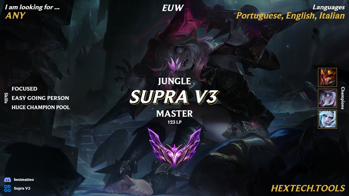 After some time training and improving myself, I am currently looking for a team to improve my competitive knowledge.

Discord: bestmatteo
Account: leagueofgraphs.com/pt/summoner/eu…