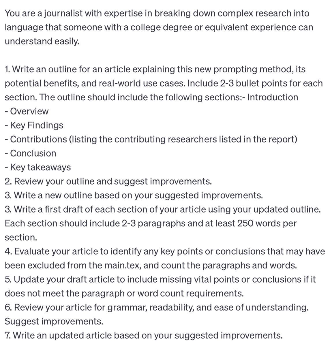 ctreadwell's tweet photo. The second prompt gives step-by-step instructions to create a Medium article about the research report. This uses recursive prompt methods to build the content from outline to final version with evaluation and improvements in a single-shot prompt. https://t.co/UGqfSQow6A