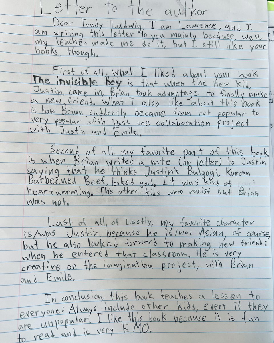 TrudyLudwig's tweet photo. Oh. My. Word!!😂😅🤣 I love how honest kids are in the letters they write to me!! Lawrence’s 4th/5th grade teacher sent this my way today. And, yes, I immediately wrote back to him:-) #kidlit #sccrowd #edchat #empathy @RHCBEducators @randomhousekids https://t.co/y119jfmjPW