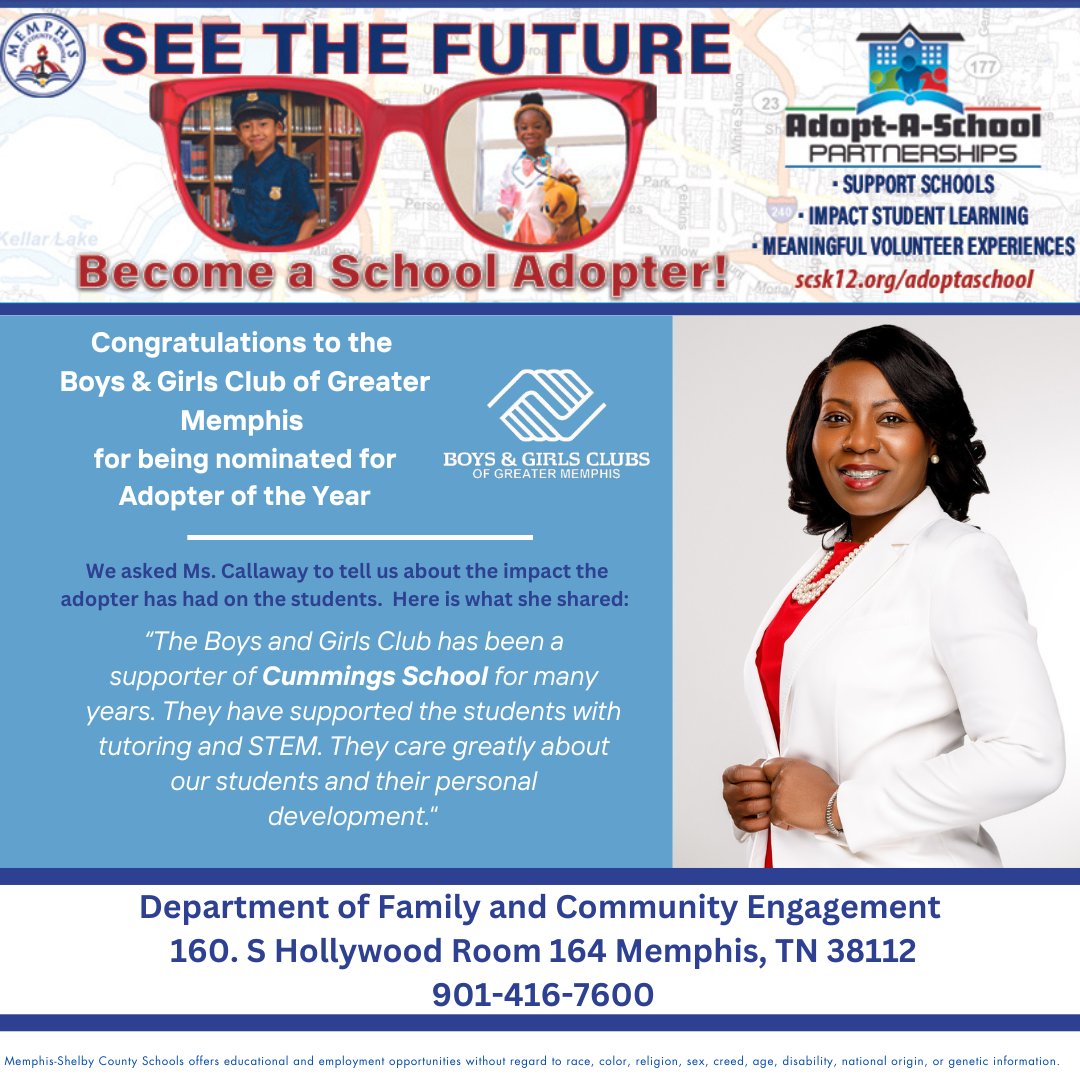 We are celebrating Adopt-A-School Partnerships Month by highlighting activities adopters are doing and the difference they make in our schools. Today’s nominee from Cummings K-8 Optional School is the Boys &amp; Girls Clubs of Greater Memphis.