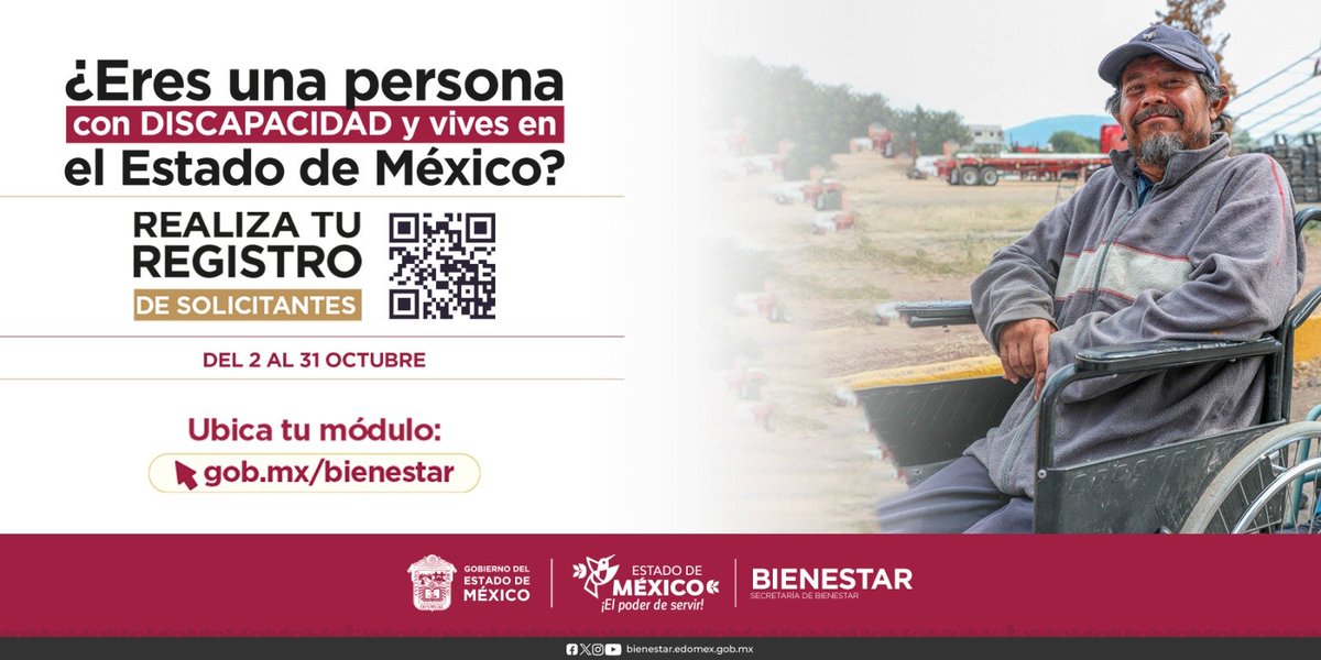 Desde esta fecha y hasta el 31 de octubre puedes hacer tu registro de la #PensiónDiscapacidad, beneficio universal y sin intermediarios para las personas de 0 a 64 años en nuestro estado. 
Ubica tu módulo en gob.mx/bienestar