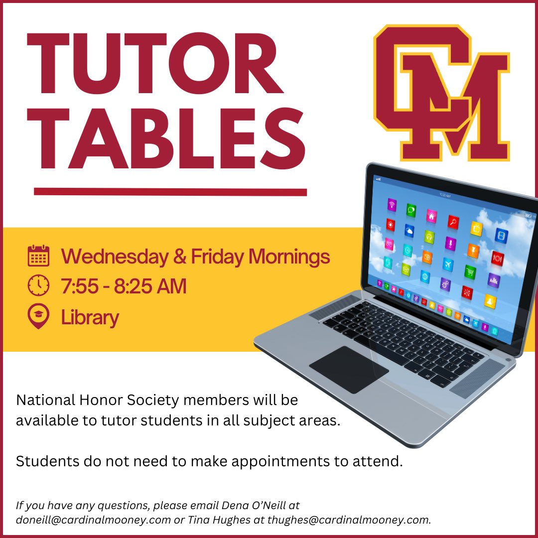 MooneyFamily's tweet photo. Tutor tables are available every Wednesday and Friday during zero block 7:55-8:25 a.m unless there is no school that day.
-NHS students are providing tutoring services in all subjects
-No appointment necessary. https://t.co/x2Xoo6sleU