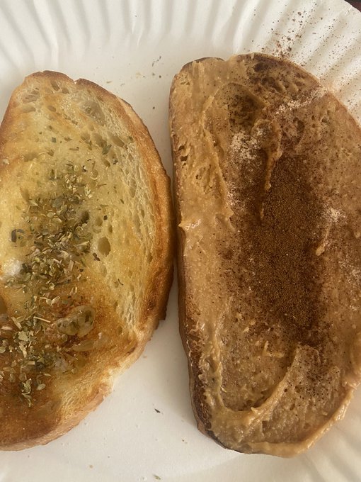 Bread, butter, oregano&amp; garlic salt + bread peanut butter&amp;honey topped with vitamin c powder&amp;cinnamon