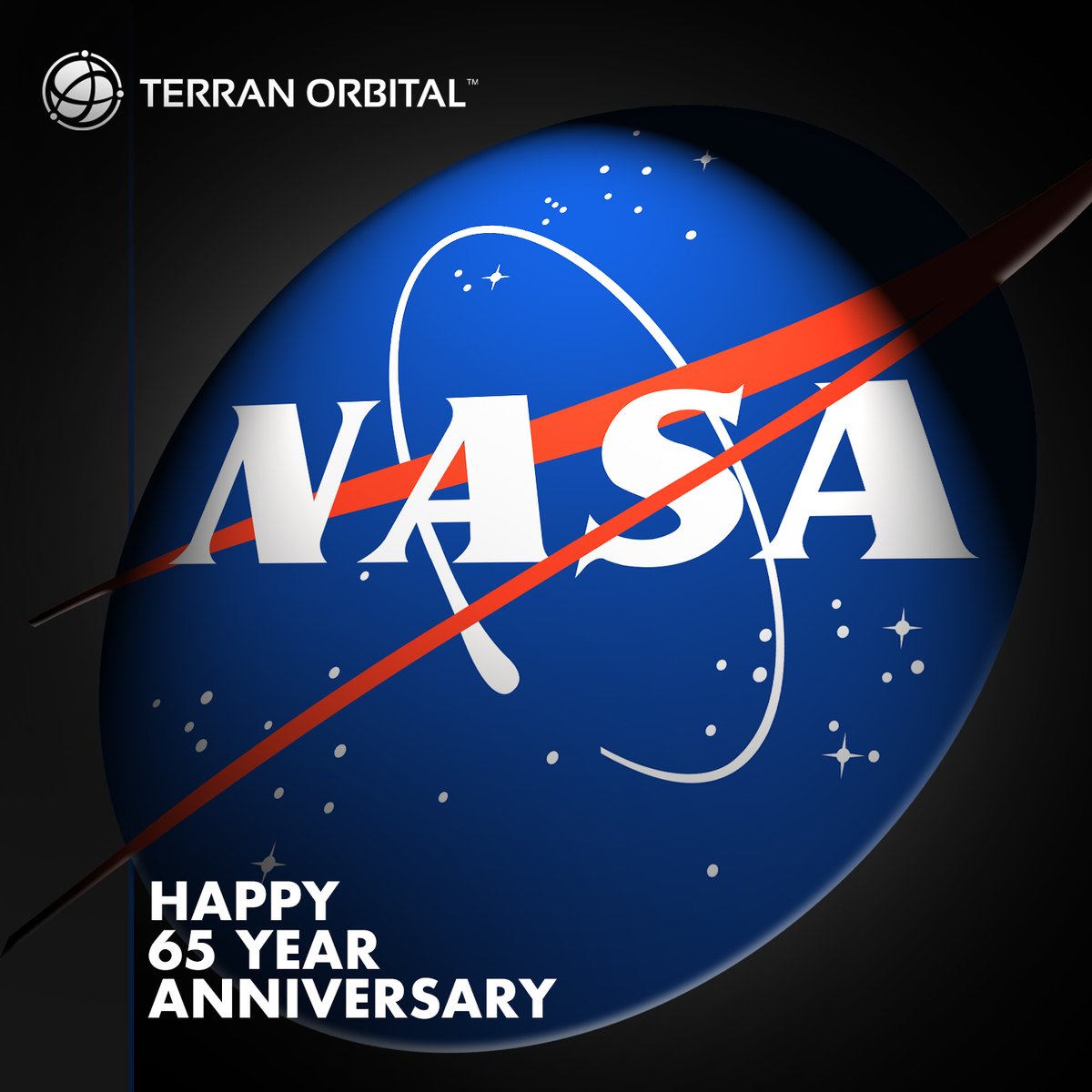 TerranOrbital's tweet photo. Happy 65th, @NASA ! 🚀✨ 
Cheers to our incredible partnership in exploring the cosmos! 🥂 Here's to more groundbreaking discoveries ahead! 🛰️  #NASA65 #SpaceExploration #SciencePartners https://t.co/vjMVygQnlb