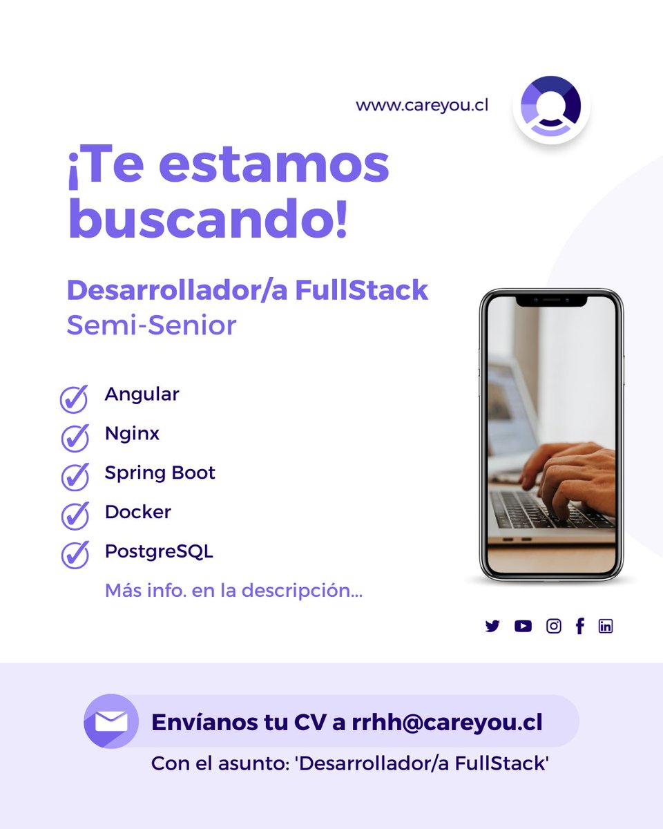 careyou_cl's tweet photo. #WeAreHiring Si eres desarrollador/a #FullStack con al menos 3 años de experiencia y resides en Perú, ¡Te estamos buscando para que te sumes a nuestro equipo! Trabajo remoto y full time.

https://t.co/FSJDHMfuOH
#ofertalaboral #development #developer #desarrolladoresperu https://t.co/pCP5FhmmYz