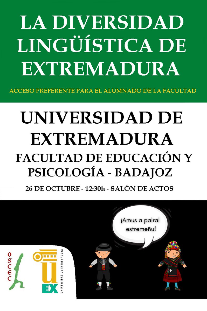 OscecEstremaura's tweet photo. Pola primel ves ena Estoria va a suenal el #estremeñu endrentu dela Nuversidá d'Estremaúra. Amus a aprendel la nuestra variança lengüística alos docentis huturus d'Estremaúra. https://t.co/lUrXCgj059