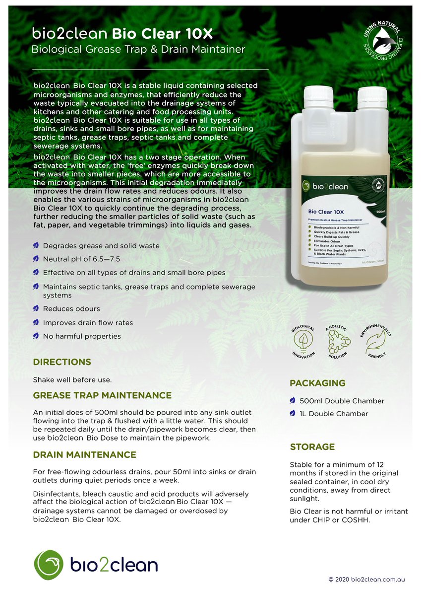 DEALING WITH EVERYDAY WASTE » Bio Clear 10X is a stable liquid containing selected microorganisms and enzymes, that efficiently reduce the waste typically evacuated into the drainage systems of kitchens and other catering and food processing units. 

🌐 bio2clean.com.au/product/bio2cl…