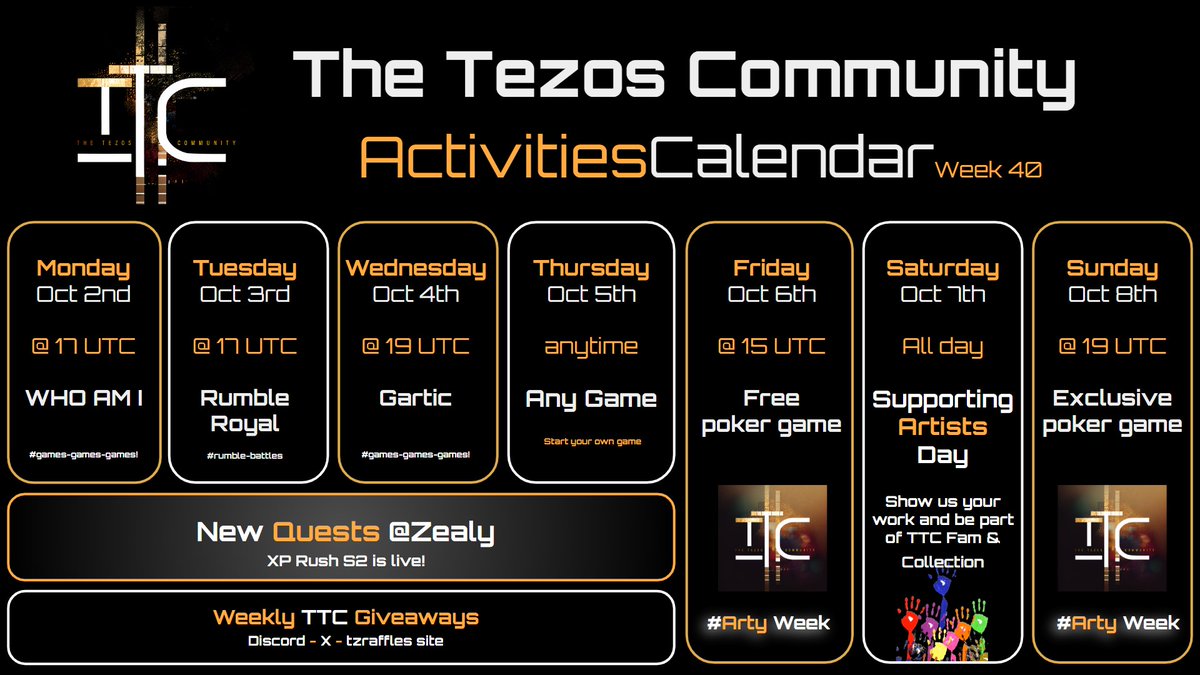 TheTezos's tweet photo. Welcome to TTC Artsy Week🎨

We're so happy w/ all the great work #tezos artists shared in TTC Support Artists Day threads on Saturdays that we're dedicating this week to all of them!

All prizes will be #nfts collected during these events
Activities Calendar👀👇#StrongerTogether https://t.co/vHfTrW7im3