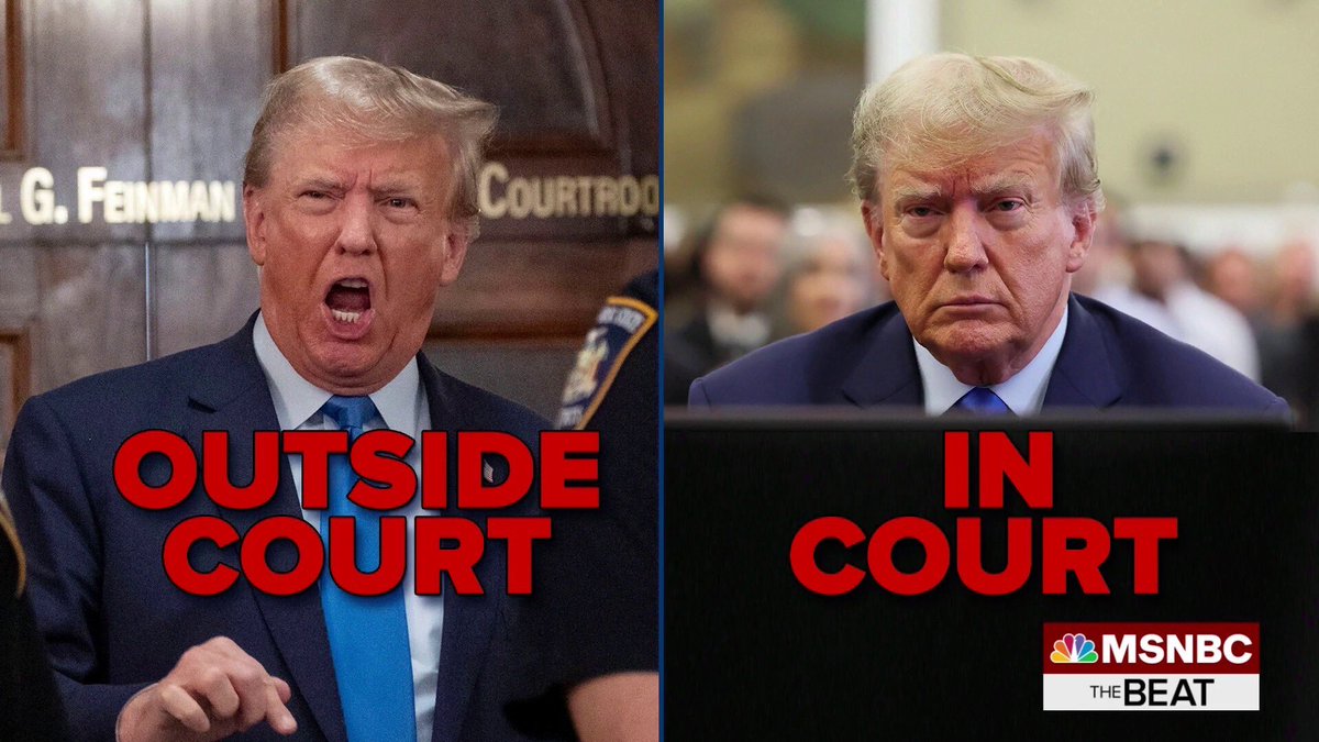 Donald Trump outside court vs. in court.