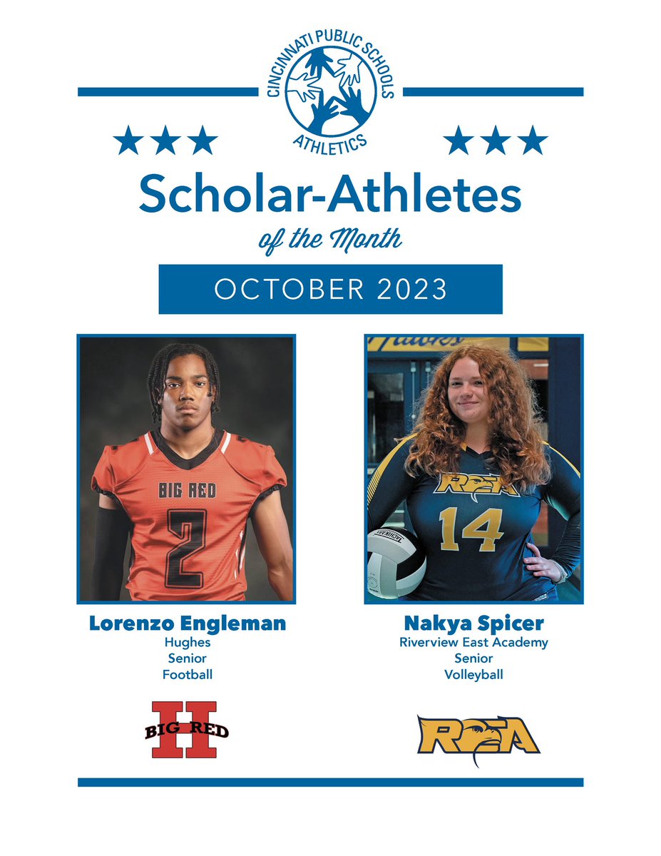 Congratulations to our @IamCPS Scholar-Athlete of the Month winners for October! Honored for their excellence in the community, the classroom and on their respective field of play! Lorenzo Engleman (SR, Football) @BIGREDATHLETICS Nakya Spicer (SR, Volleyball) @ReaAthletics