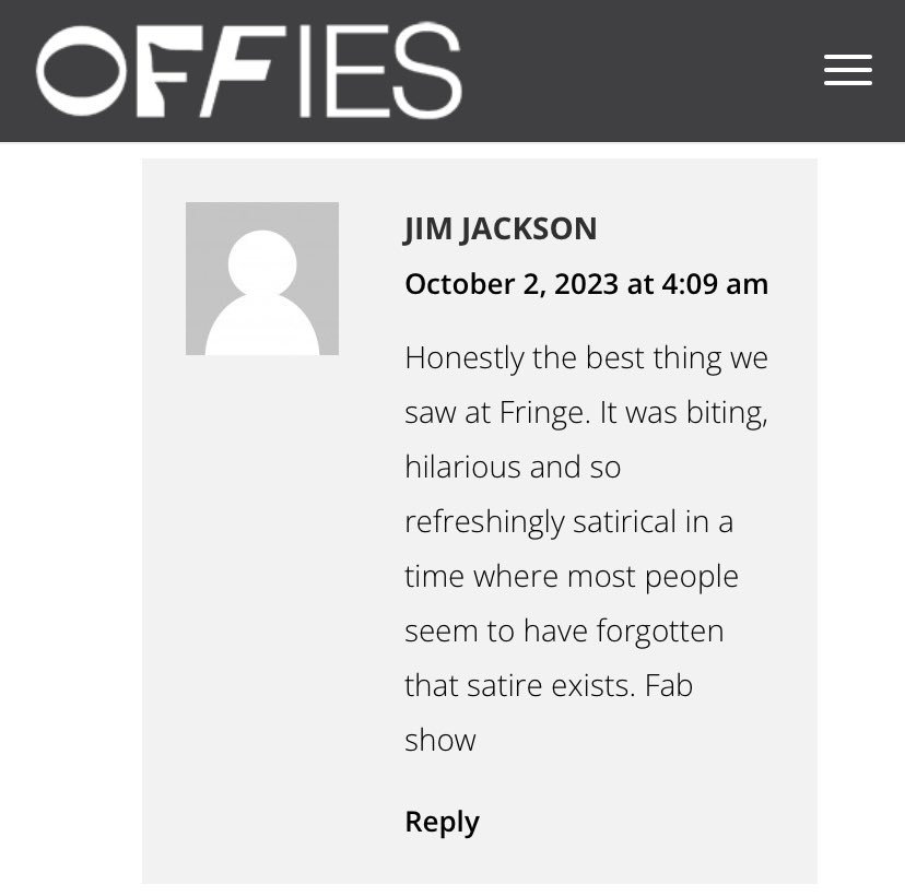 GammaRayTheatre's tweet image. Truly honoured to be receiving such wonderful audience feedback on our #OffFest nomination page

It’s been over a month since the final #edfringe performance of ‘Ay Up, Hitler!’

Who knows what’s in store for the show next…

#Theatre @OffWestEndCom #Offies #FillYerBoots