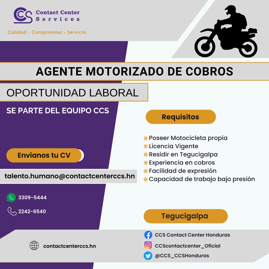 CCS_CCSHonduras's tweet photo. Gestor Motorizado de cobros

#Twitter: @CCS_CCSHonduras
#Facebook: CCS Contact Center Honduras
#Instragram: CCSContactcenter_Oficial

#empleosanpedro #empleosanpedrosula #SomosCCS #empleos #empleohonduras #equipoccs #Tegucigalpa #BuscasEmpleo #vacantes2023 #VacantesDeEmpleo https://t.co/tUtWXdEOlR