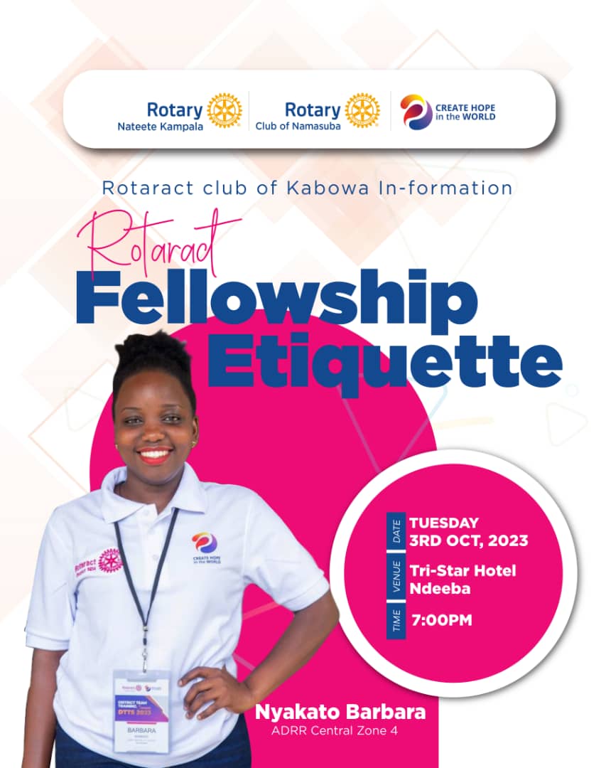 rackabowa's tweet photo. Dear Hope Creators and partners in service, do join us as we host ADRR Central zone 4

Guest: Nyakato Barbara  

🗓️Tuesday 3rd-October-2023 

🕰️7-8pm 

🏨Tri-Star Hotel Ndeeba 
Directions: https://t.co/FMgoECC7Kf 

Topic: Rotaract Fellowship Etiquettes https://t.co/HnICiZFJbn