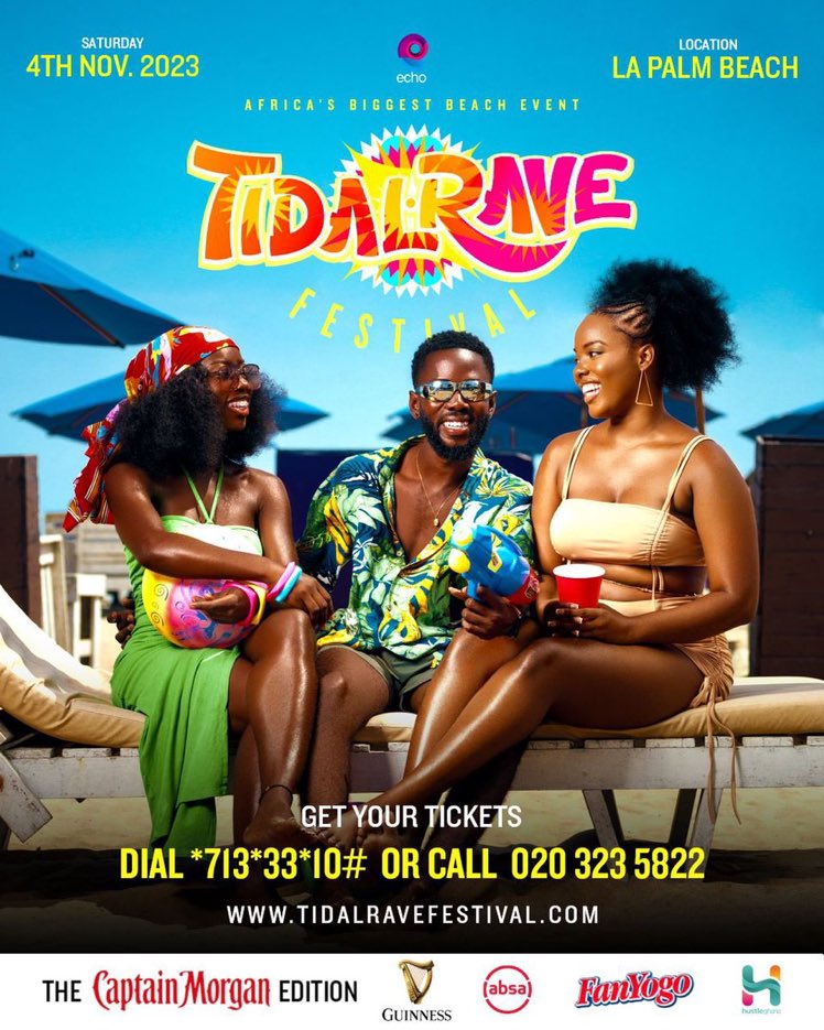 Africa’s biggest beach event is coming on again this coming 4th November. 
Dial*713*33*10# 
 visit tidalravefestival.com/gh/tickets/ for your tickets. 
#TheNewRave
#TidalRave23