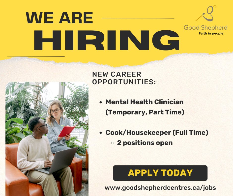 We're hiring! Check out the latest job openings on our website at goodshepherdcentres.ca/jobs