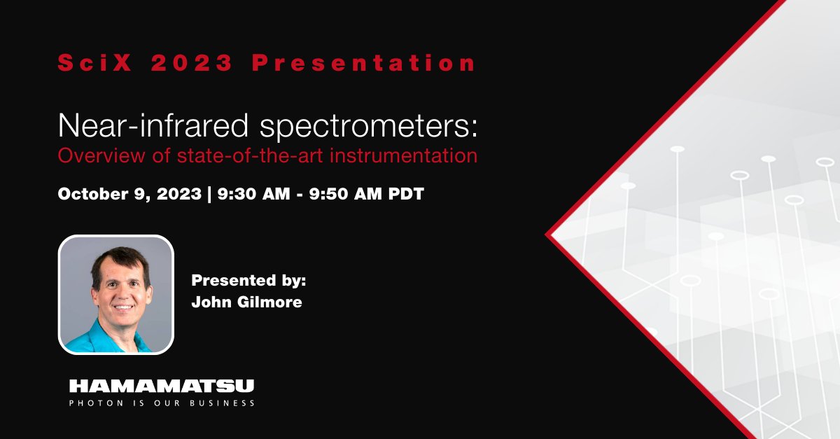 HamamatsuPhoton's tweet photo. If you are going to SciX 2023, don’t miss John Gilmore’s presentation on near-infrared #spectrometers on 10/9 at 9:30 AM PDT. Learn more about John’s presentation and what we are featuring at the show at https://t.co/L9KOsa9xOI
#spectroscopy #SciX2023 #FACSS | @FACSSnetworking https://t.co/Vbk5crjLdr