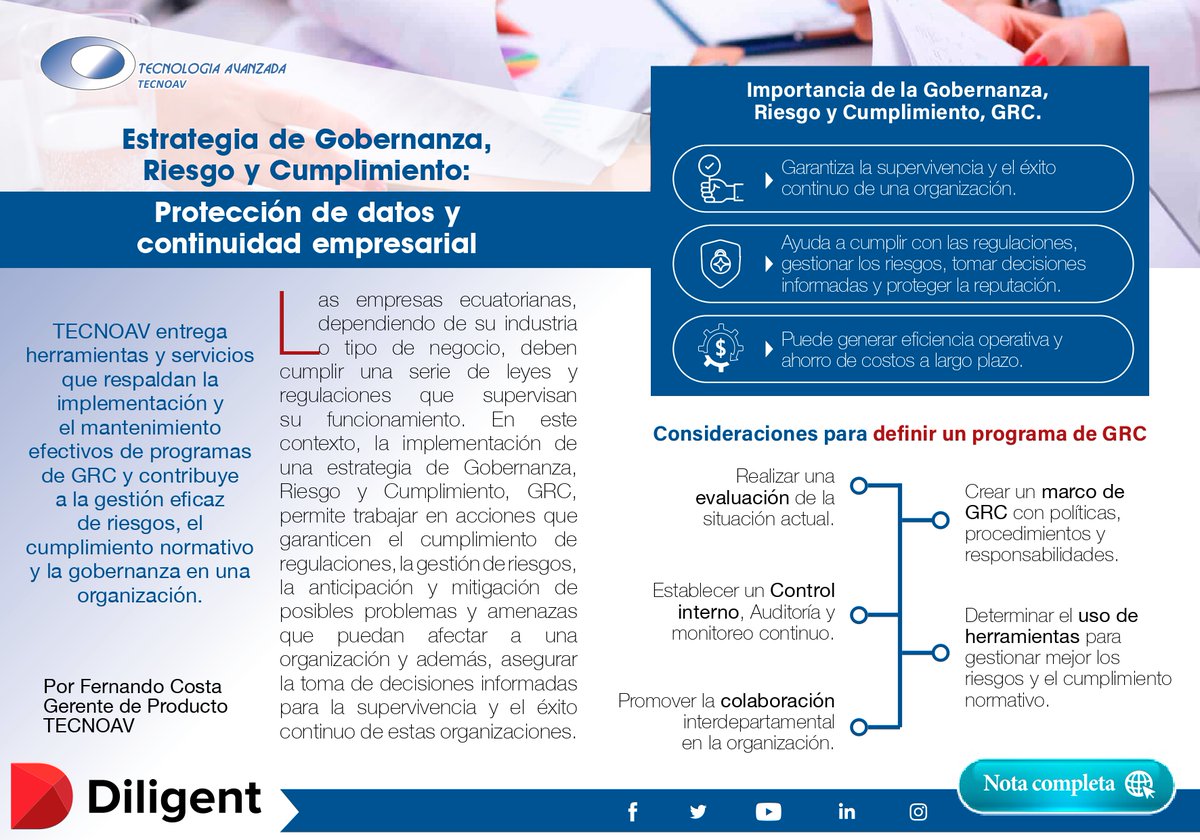 tecnoav's tweet photo. Les compartimos el siguiente artículo de la Revista IT Ahora donde podrán leer acerca de Gobernanza, Riesgo y CumplimientO, además de las consideraciones para poder definir un programa de GRC
#TECNOAV #YoSoyTecnoav #Diligent #TI #GRC #continuidad https://t.co/bHOpySxKtw