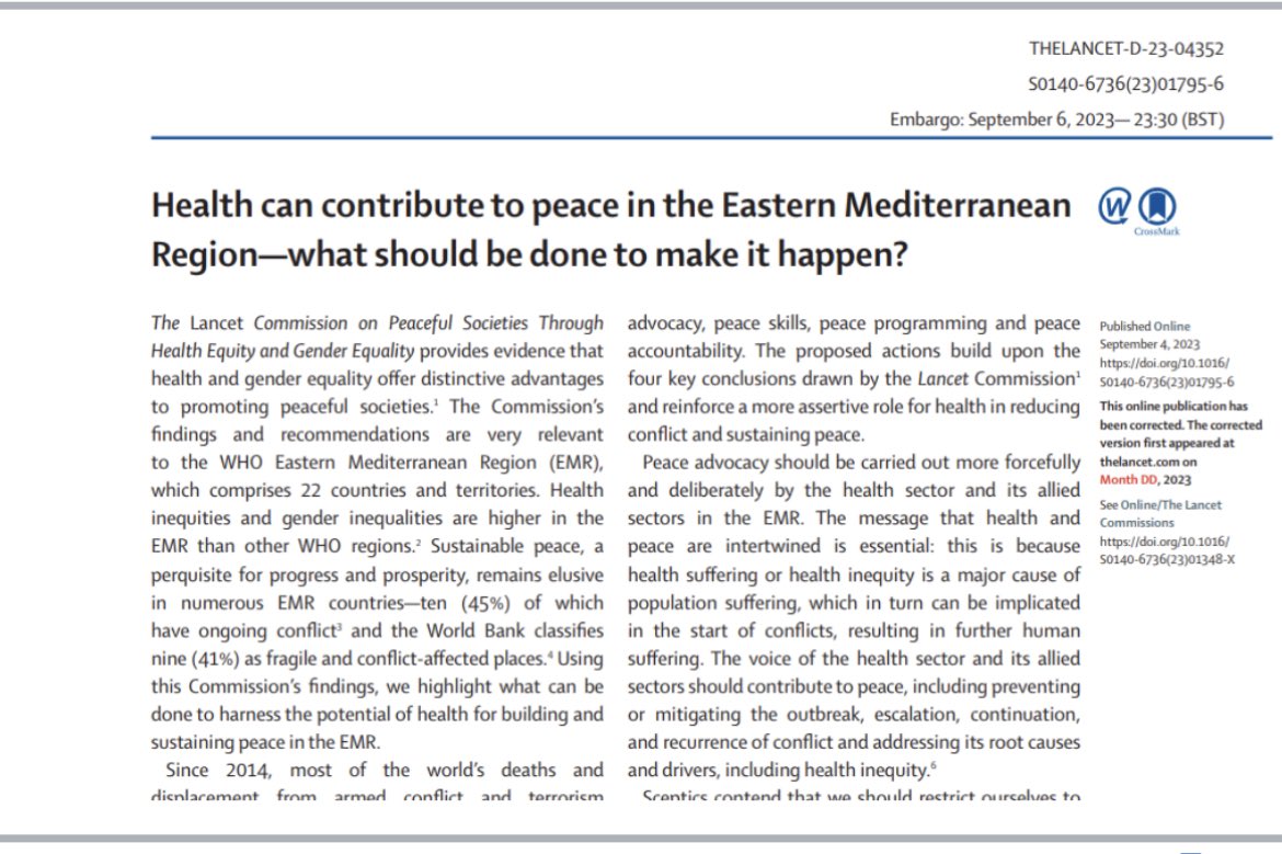 SaniaNishtar's tweet photo. Health can contribute to peace in the Eastern Mediterranean Region—what should be done to make it happen? Read our commentary in @TheLancet which is part of “The Lancet Commission on Peaceful Societies”. The Commentary makes an important point: “Health Equity and Gender Equality provides evidence that health and gender equality offer distinctive advantages to promoting peaceful societies”. https://t.co/SBhx2y4QcR