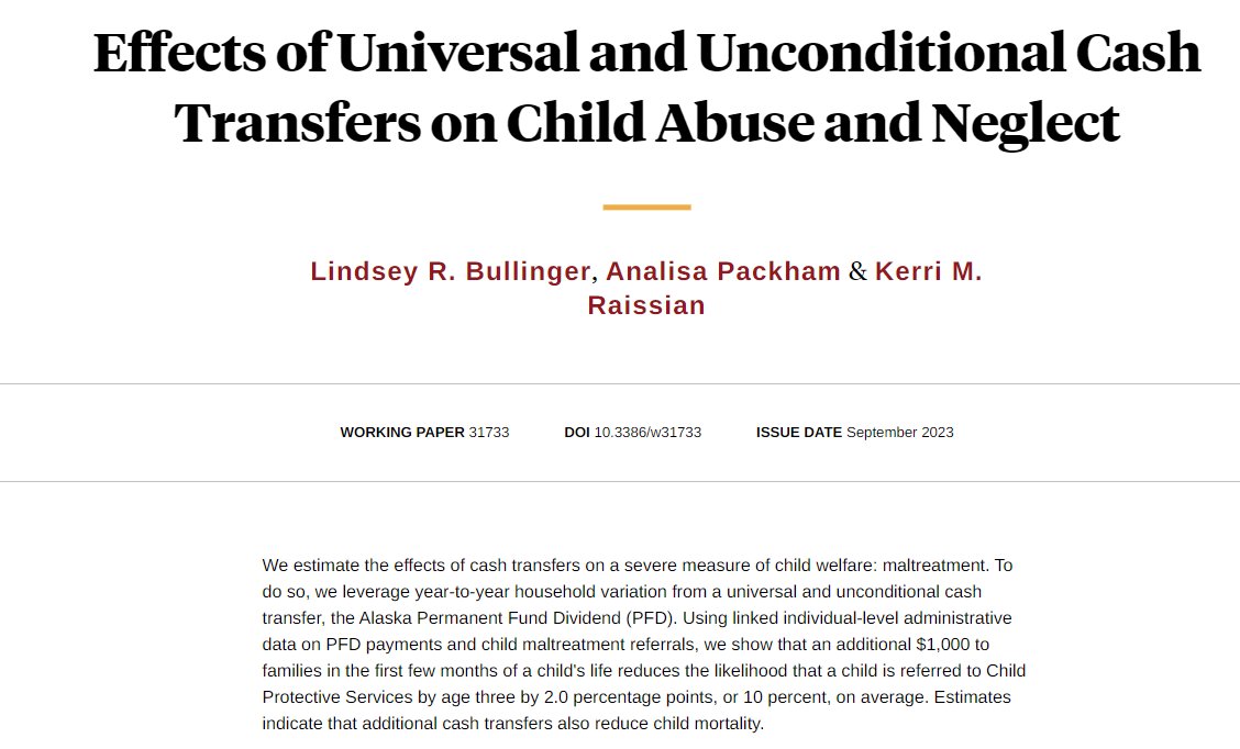 New WP alert! 📢 I am excited to (finally) release the working paper, 'Effects of Universal and Unconditional Cash Transfers on Child Abuse and Neglect,' joint with @lindsbullinger and @kerri_raissian. Paper here: nber.org/papers/w31733