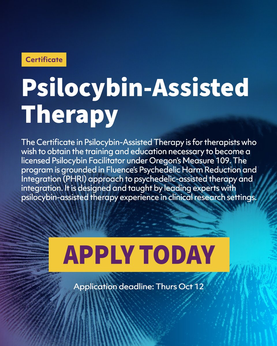 Fluencetraining's tweet photo. Elevate your therapy practice with our Certificate in Psilocybin-Assisted Therapy! 🌿 
Learn from top researchers and clinician-trainers with extensive experience in psychedelic clinical trials.  Ready to start? Apply today! 🚀 Application deadline: Oct 12
https://t.co/lOYZyGmYsh https://t.co/SwvYYviUAr