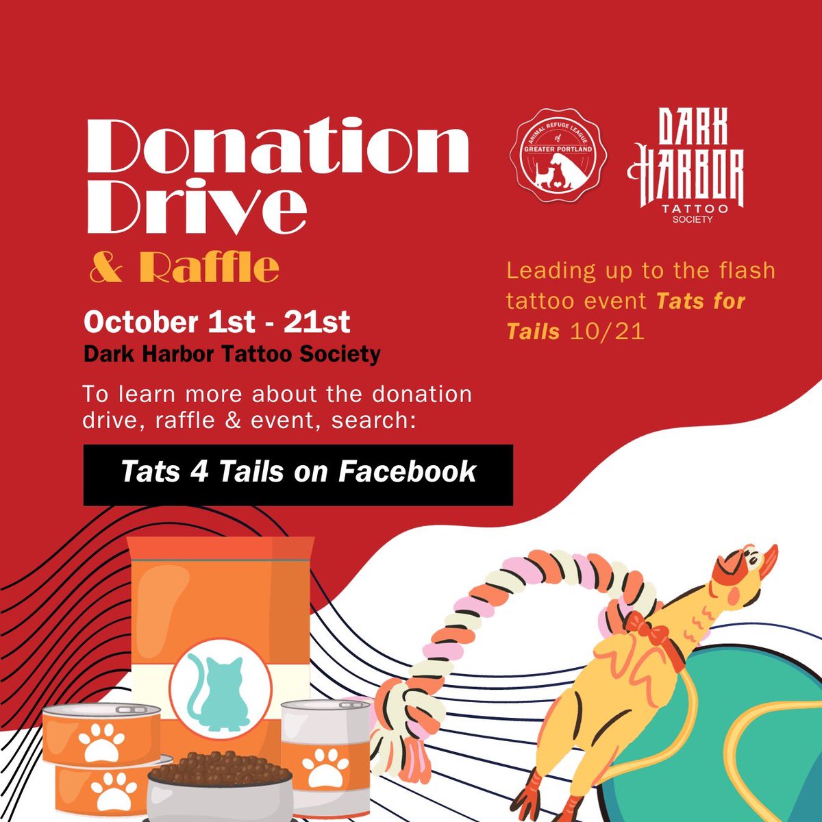 Dark Harbor Tattoo Society is hosting a donation drive and raffle leading up to their flash tattoo event Tats 4 Tails benefiting the ARLGP on October 21st. 

Search the Tats 4 Tails event on Facebook to learn more.