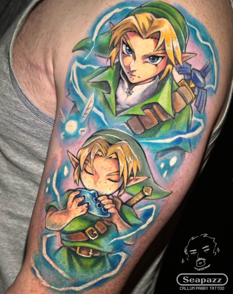 seapazz's tweet photo. Finally finished this tattoo of Young and Adult Link! 

#art #design #illustration #tattoo #tattooart #tattooartist #animetattoo #gamertattoo #gamerink #vgta2 #videogametatts #zelda #LegendOfZelda #n64 #NINTENDO64 https://t.co/6ACMO1d3yL