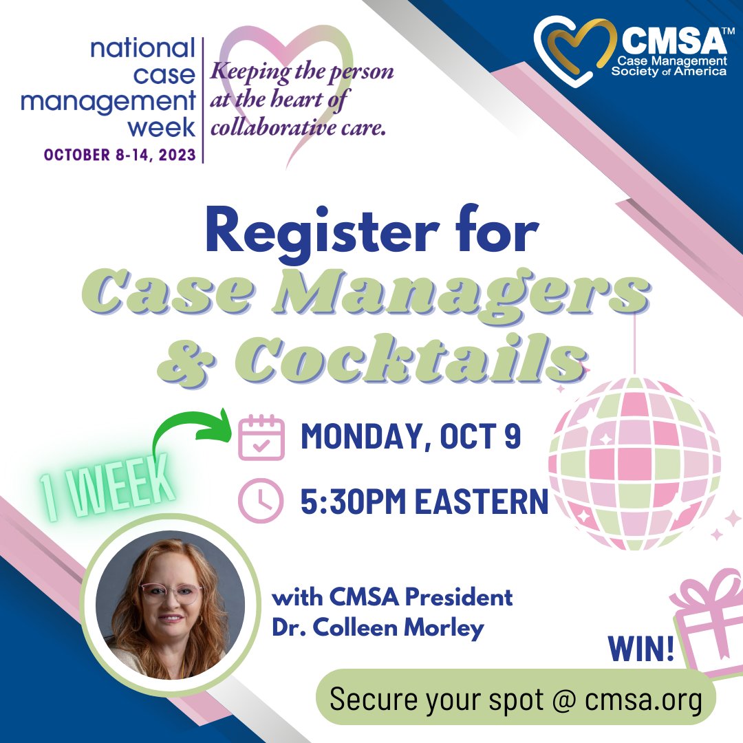 CMSANational's tweet photo. Register now: 🔗 https://t.co/qWS82oJfEq
#CMWeek2023 #CaseManagers & Cocktails is just 1 week away! A prize winner will be selected from attendees.
When: Mon, Oct 9, 5:30pm ET
Open to All: Yes, that means YOU & everyone you know! #CMWeek #CaseManagersRock #CMSA #CaseManagement https://t.co/4cA3bfWgI3