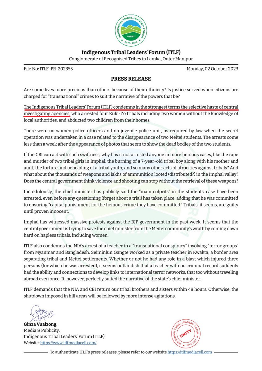 KanglaBeast's tweet photo. 𝐂𝐁𝐈, 𝐍𝐈𝐀 @CBIHeadquarters @NIA_India 𝐬𝐥𝐚𝐦𝐬 𝐂𝐡𝐢𝐧-𝐊𝐮𝐤𝐢 𝐆𝐫𝐨𝐮𝐩s @ITLFMedia_Cell @COTU_Kangpokpi @Kuki_Inpi 𝐎𝐯𝐞𝐫 "𝐏𝐚𝐫𝐭𝐢𝐚𝐥𝐢𝐭𝐲" 𝐑𝐨𝐰

The central agencies on Monday said every arrest made in the restive state, which has been witnessing ethnic clashes since May, is based on evidence gathered by investigative teams.

𝐎𝐟𝐟𝐢𝐜𝐢𝐚𝐥𝐬 𝐟𝐫𝐨𝐦 𝐛𝐨𝐭𝐡 𝐚𝐠𝐞𝐧𝐜𝐢𝐞𝐬 𝐬𝐚𝐢𝐝 𝐧𝐨 𝐩𝐚𝐫𝐭𝐢𝐚𝐥𝐢𝐭𝐲 𝐡𝐚𝐬 𝐛𝐞𝐞𝐧 𝐬𝐡𝐨𝐰𝐧 𝐚𝐠𝐚𝐢𝐧𝐬𝐭 𝐚𝐧𝐲 𝐜𝐨𝐦𝐦𝐮𝐧𝐢𝐭𝐲, 𝐫𝐞𝐥𝐢𝐠𝐢𝐨𝐧 𝐨𝐫 𝐬𝐞𝐜𝐭, 𝐚𝐧𝐝 𝐭𝐡𝐚𝐭 𝐨𝐧𝐥𝐲 𝐭𝐡𝐞 𝐫𝐮𝐥𝐞 𝐛𝐨𝐨𝐤 𝐨𝐟 𝐭𝐡𝐞 𝐈𝐧𝐝𝐢𝐚𝐧 𝐏𝐞𝐧𝐚𝐥 𝐂𝐨𝐝𝐞 𝐰𝐚𝐬 𝐚𝐛𝐢𝐝𝐞𝐝 𝐛𝐲.

@HMOIndia @AmitShah @PMOIndia @narendramodi @NBirenSingh @manipur_police 

https://t.co/HLpwwlBHRz

#Manipur 
#KukiAtrocities 
#KukiWarCrimes 
#ThisIsKuki_ZoStory 
#GandhiJayanti 
#GandhiJayanti2023
