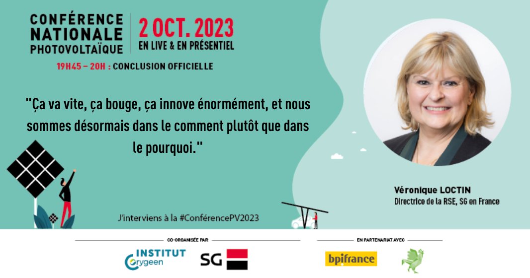 💡 Cloture officielle de la conférence :  Véronique Loctin, Directrice de la RSE du réseau SG en France partage son expérience.

SG Bpifrance Le Hub La communauté du Coq Vert ZIA AGENCY

#ConferencePV2023 #energiesrenouvelables #innovations #solaire #photovoltaïque
