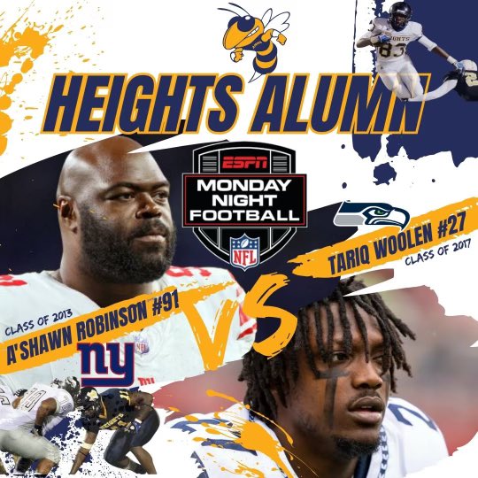 2 <a href="/HeightsFWISD/">Arlington Heights High School</a> alums are playing against each other on <a href="/NFL_MNF/">MondayNightFootball</a> tonight! A’Shawn Robinson #91 for the Giants and Tariq Woolen #27 for the Seahawks!#ayyyheights 💙💛🏈
<a href="/AshawnRobinson/">AshawnRobinson</a> <a href="/_Tariqwoolen/">Tariq Woolen</a> 

@MrsWeeksAHHS <a href="/EducatorStrom/">Mel Strom</a> <a href="/anahiev/">Anahí Esparza Vallín</a> <a href="/MASerrano20/">Miguel Angel Serrano, Ph.D.</a> <a href="/Melissa1Kelly/">Melissa Kelly</a> 
<a href="/CoachCal_AD/">JJ Calderon</a>