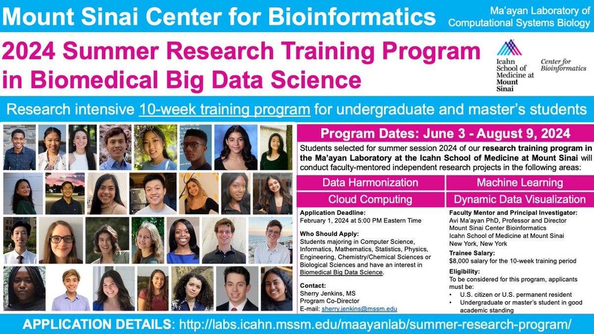 Ma'ayan Lab (@maayanlab) on Twitter photo Summer Research Training Program in Biomedical Big #DataScience in the <a href="/MaayanLab/">Ma'ayan Lab</a> <a href="/IcahnMountSinai/">Icahn School of Medicine at Mount Sinai</a>
ACCEPTING APPLICATIONS FOR SUMMER SESSION 2024 | Application deadline Feb 1 labs.icahn.mssm.edu/maayanlab/summ… Summer Research Training Program in Biomedical Big #DataScience in the <a href="/MaayanLab/">Ma'ayan Lab</a> <a href="/IcahnMountSinai/">Icahn School of Medicine at Mount Sinai</a>
ACCEPTING APPLICATIONS FOR SUMMER SESSION 2024 | Application deadline Feb 1 labs.icahn.mssm.edu/maayanlab/summ…