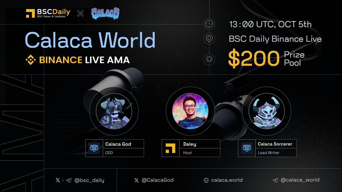 We're thrilled to host an #AMA on #BinanceLive with @Calacaworld $200 #Giveaways 🔽 Watch here: binance.com/en/live/video?… Date: Oct 5th, 13:00 UTC To win: - MUST join Calaca World's socials - Ask questions on Binance Chat! - Like & RT #Sponsored