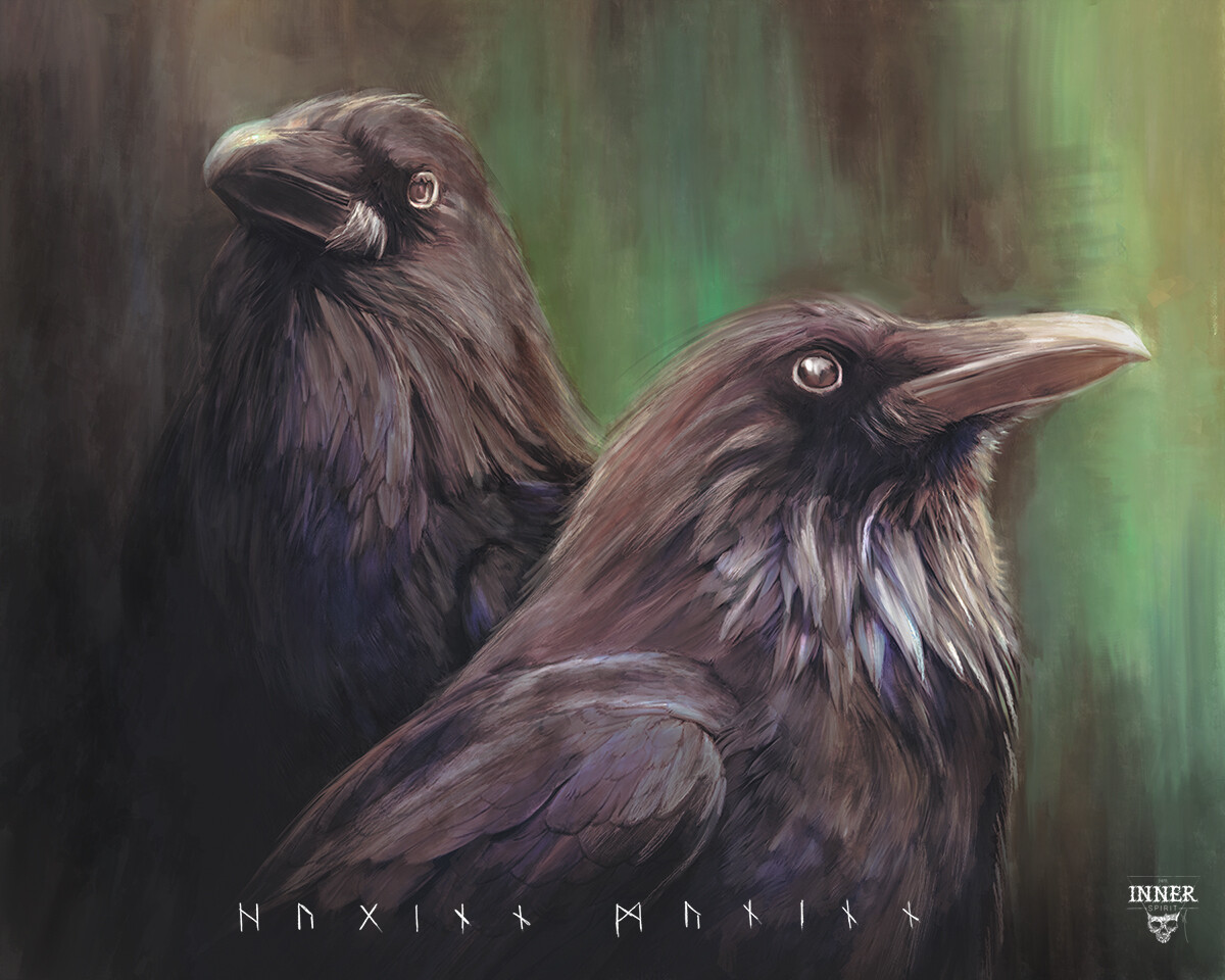 ValhallaPlus's tweet image. Huginn ("thought"), Muninn ("memory"), are two ravens belonging to the highest god, Óðinn.
These ravens provide Óðinn with information from all across the world, because of this he is also given the name, Hrafnaguð (Old Norse for "Raven-God" - "Hrafn-Guð")
🖼 By InnerSpirit.