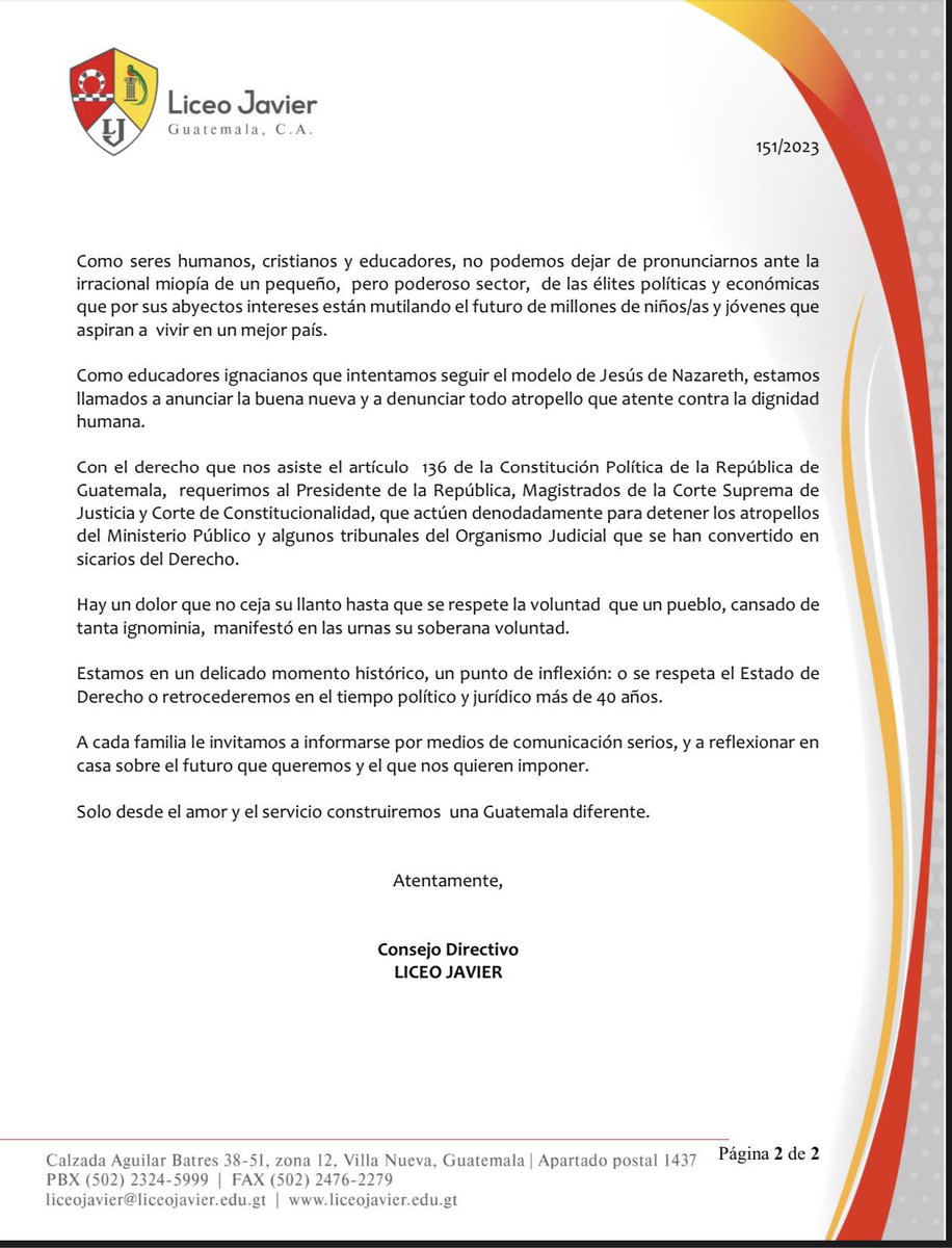 SoyCristianNoe's tweet photo. ¿Ya leyeron el comunicado del Liceo Javier? La postura de los centros educativos ante la terrible situación política que se vive Guatemala es muy importante. https://t.co/MJA32nbkVo