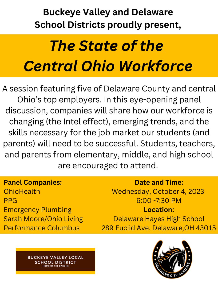BV_Barons's tweet photo. Just a reminder:  Wednesday, October 4 is the State of Ohio Workforce discussion.  The BV community is encouraged to attend this event and learn more from some of Central Ohio's top employers. https://t.co/YjIYKTtqvZ