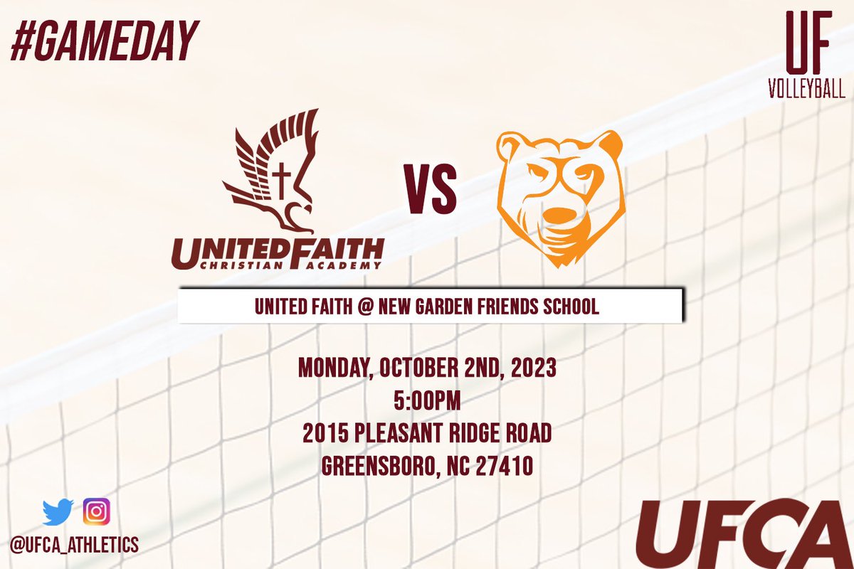 UFCA_VBALL's tweet photo. #GameDay
🏐 @ New Garden Friends
📆 Monday, October 2nd, 2023
⏰ 5:00pm
📍 2015 Pleasant Ridge Road, Greensboro, NC

#UFVolleyball #FaithGirls #FaithWay https://t.co/vPzeK6oQ5K