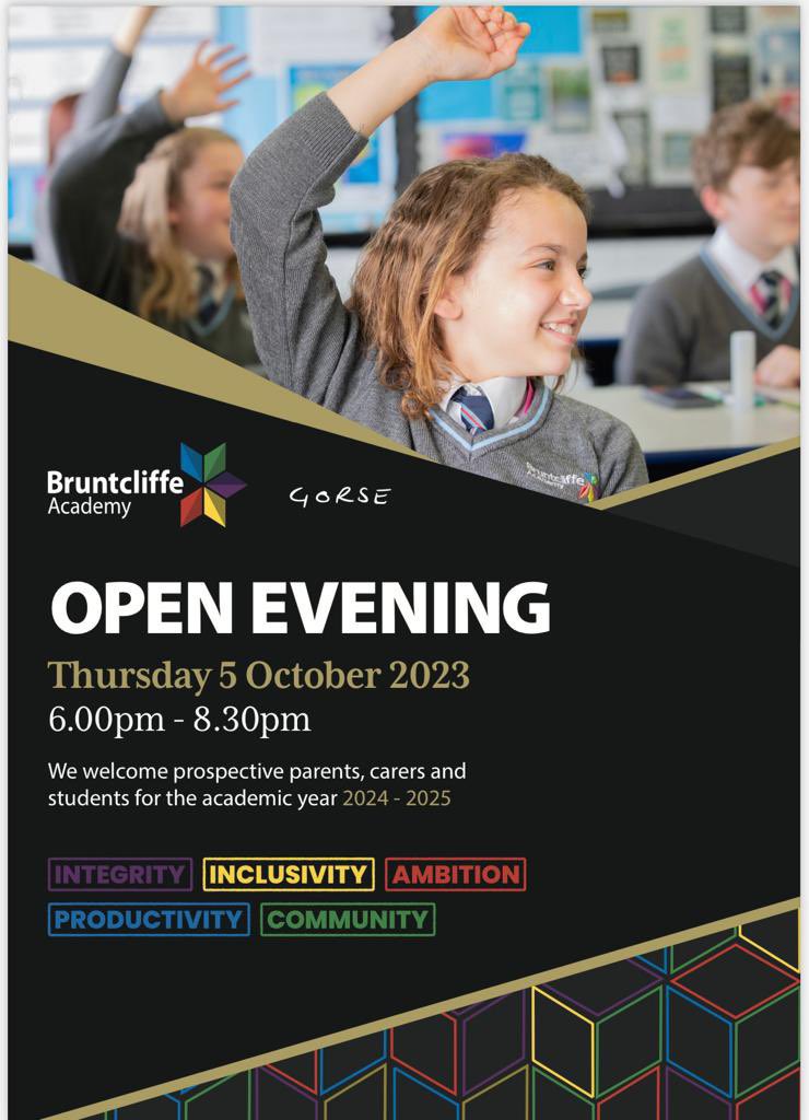 bruntcliffeacad's tweet image. OPEN EVENING 2023 - REMINDER!

Bruntcliffe's Open Evening is fast approaching! 

Come along to our amazing academy to see all the fantastic things we have on offer! Event is on Thursday 5 October 6pm - 8:30pm.

We can't wait to welcome you all! 

#Community #Incusivity
