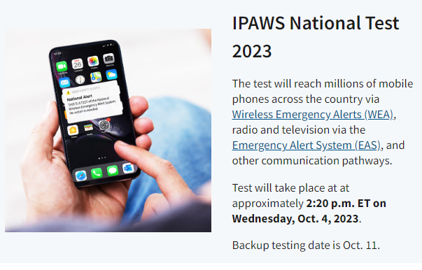 FEMA will conduct a nationwide Emergency Alert System (EAS) and Wireless Emergency Alert (WEA) nationwide test on Wednesday, October 4, 2023, at approximately 2:20 p.m. 
 
More info ⬇️
fema.gov/emergency-mana…