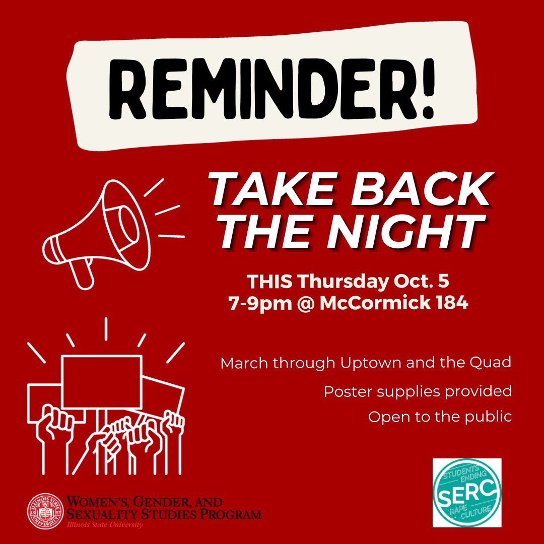 Quick reminder about the first of two events coming up this week! Join WGSS and SERC this Thursday at 7:00 pm for the annual Take Back the Night March, which aims to raise awareness about and support victims of sexual and gendered violence.