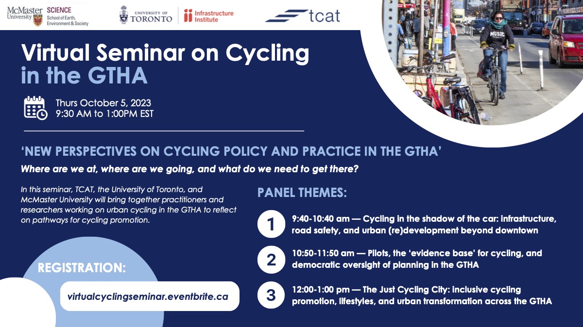 Looking forward this Thursday's (virtual) New Perspectives On Cycling Policy and Practice in the GTHA seminar! Amazing speakers include @ZarahMonfaredi @LanrickBennett @bmdoucet @mbonsma @becmayers @EasyThePianoMan @vanLaakeT @adamhasham @MarvinMacaraig (and me!)