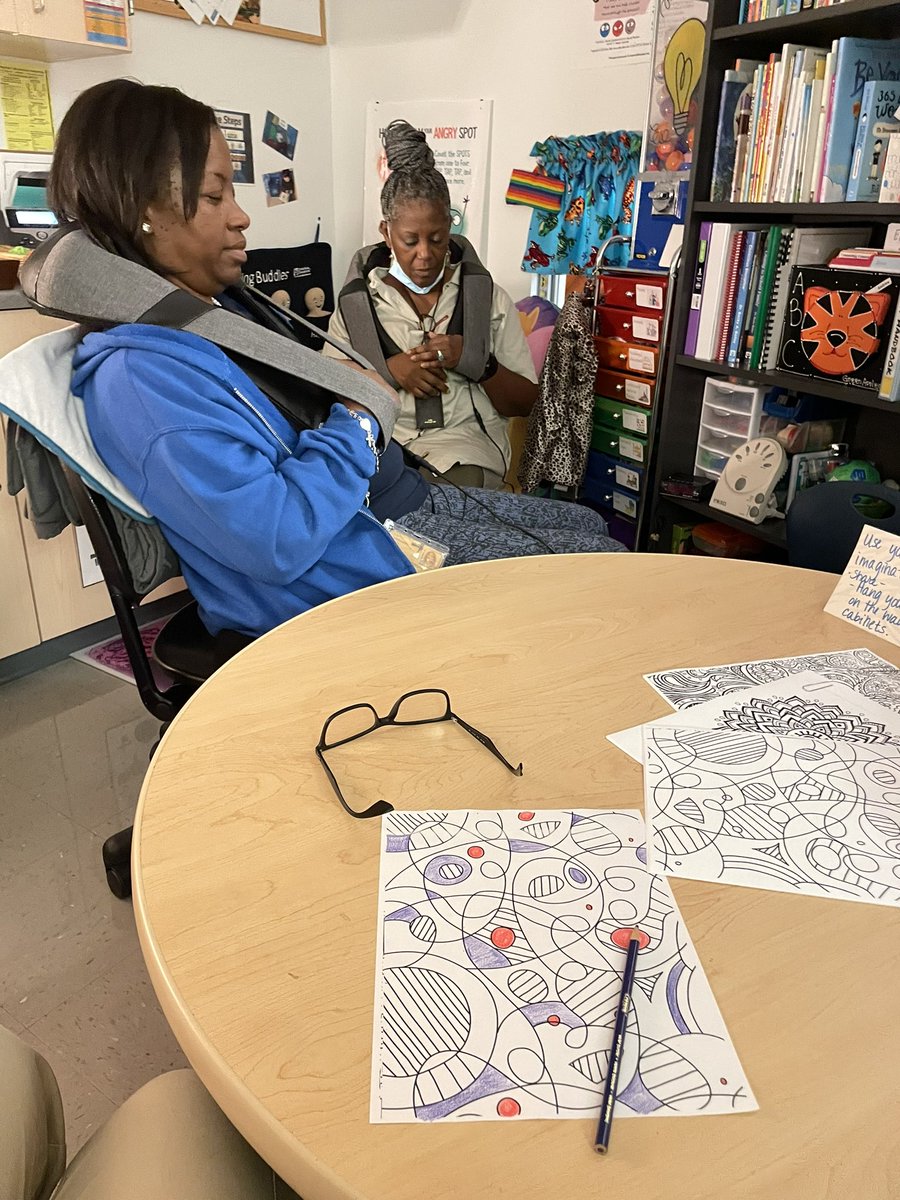 CounselorLuz's tweet photo. Wahoo! Made it through the 1st cycle! Teachers &amp; staff @FARIASECC have been going non-stop! Helping everyone take a moment to destress and relax in our “Lil’ Tiger Zen Den”! Enjoying refreshments and calming activities. @HISDSEL (Staff Needs #2) https://t.co/O1ZKe0FkcJ