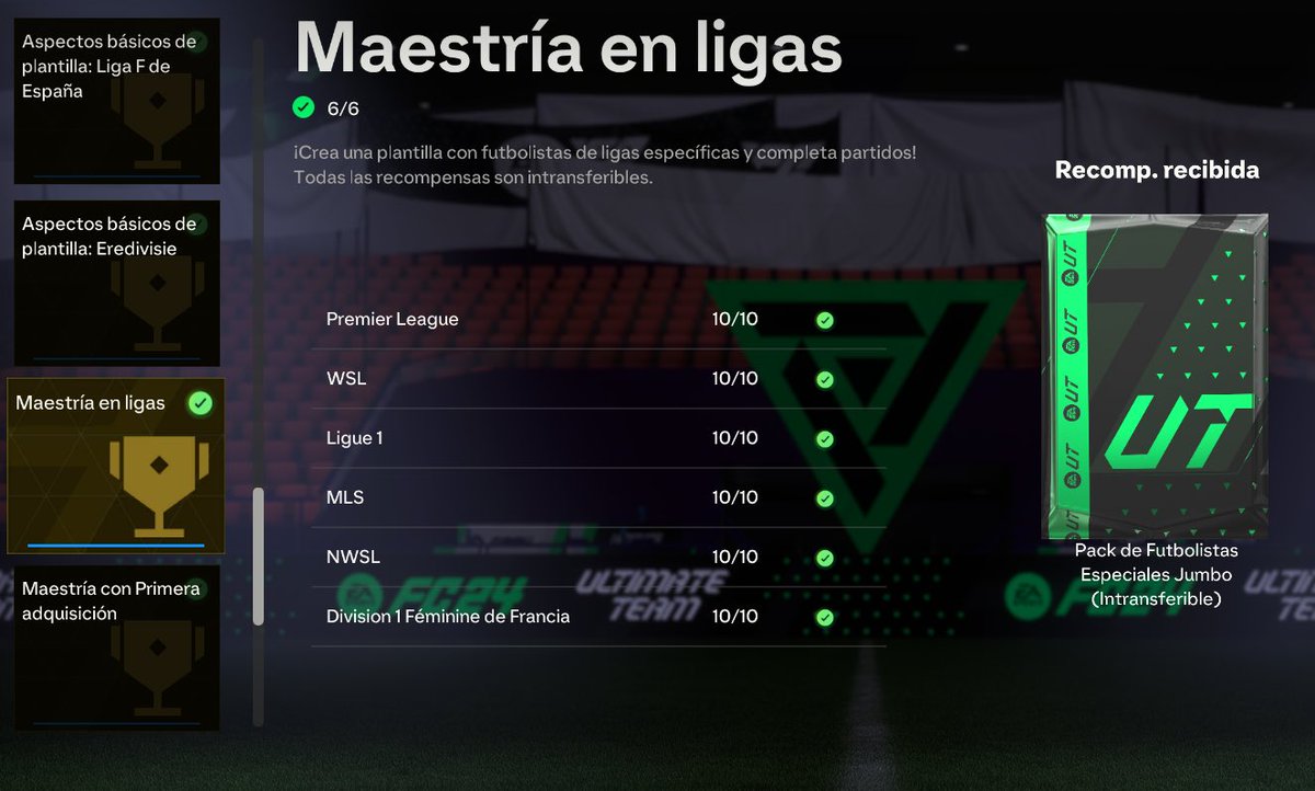 ⭐️Les dejó este Tip para que puedan Conseguir otro Sobre de 100K adicional de Maestría de Ligas, y Optimizar el Tiempo con otros Objetivos:

1️⃣En Squad Battles, desde Nivel Semi Pro:

✅4 Cartas Premier + 4 Cartas Premier Femenina - 10 Partidos

✅4 Cartas Ligue 1 + 4 Cartas