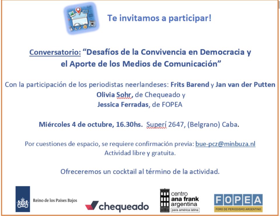 Se protagonista! Te invitamos a participar de este conversatorio sobre la Convivencia en democracia!
Te esperamos
Confirma tu asistencia a bue-pcz@minbuza.nl 
Chequeado Foro de Periodismo Argentino Centro Ana Frank Argentina