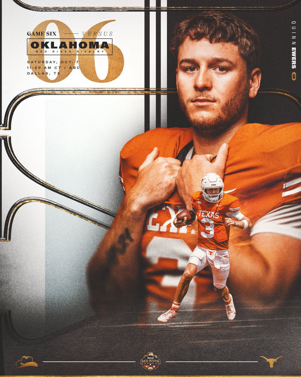 TexasFootball's tweet photo. The rivalry continues 🤘

🏈 Allstate Red River Rivalry
📅 Saturday, Oct. 7 | 11:00 AM CT
📍 Cotton Bowl | Dallas, TX
📺 ABC https://t.co/HEMZzaPTQ9