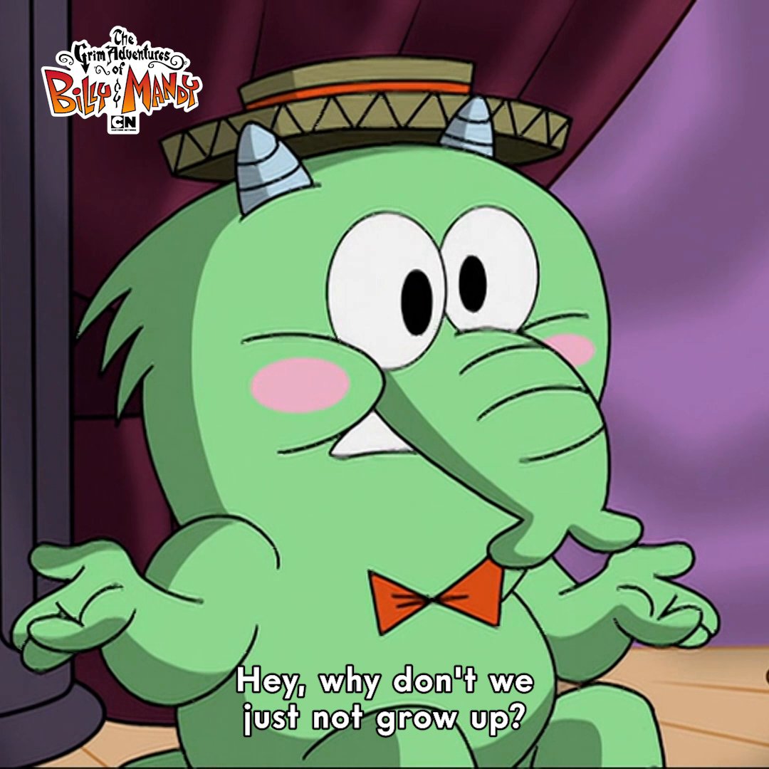 Growing up is optional 🧑\u200d💼🐘🕷️ Watch Billy \u0026 Mandy Underfist: Halloween  Bash LIVE on YouTube! 🎃 👻 https://t.co/5vshCHNARc #CartoonNetwork  #BillyandMandy #FredFredburger #TheGrimAdventuresofBillyandMandy #Halloween  #Fall #Spooky #Spoopy #Youtube ..., image size:1080x1080