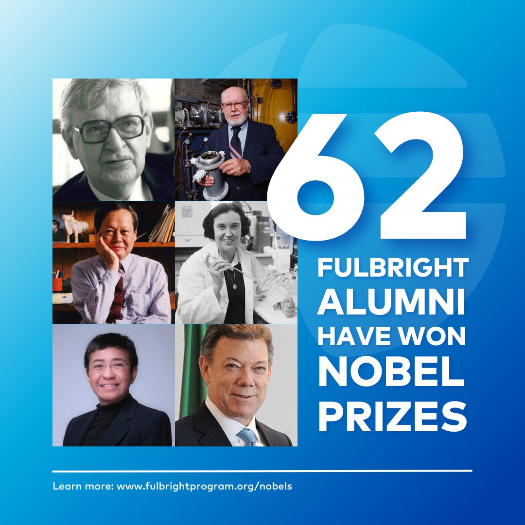 Recognizing the start of @NobelPrize announcements this week, we celebrate the 62 #Fulbright alums who have been awarded Nobel Prizes for making contributions of 'the greatest benefit to humankind.' 🏆 See the full list of here: bit.ly/3ZB2WGR