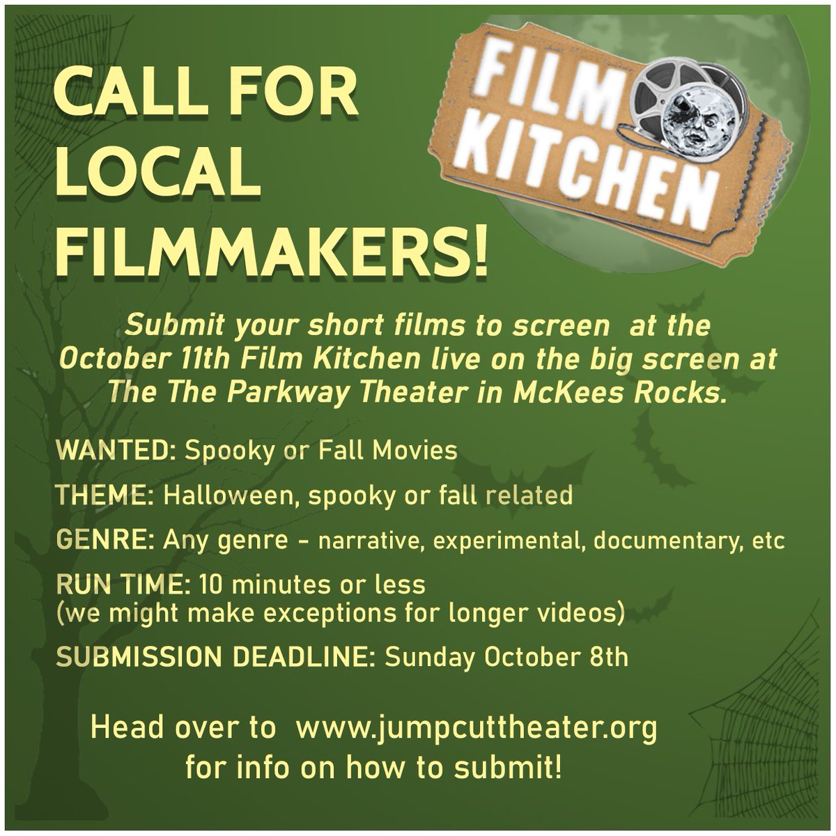 CALL FOR ARTISTS!  Please share!

Info on submitting films can be found at jumpcuttheater.org/film-kitchen