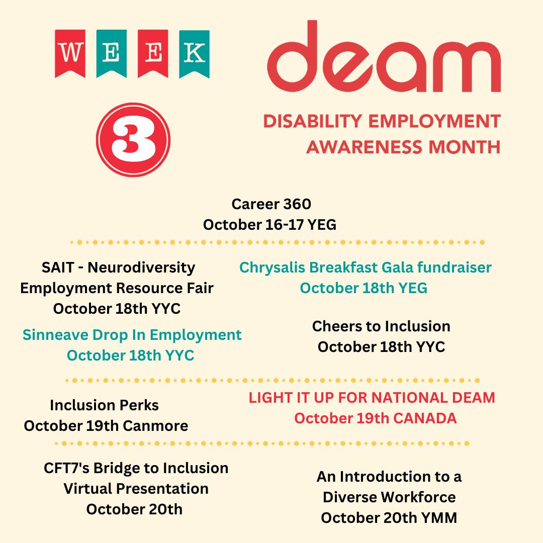 sinneave's tweet photo. Today marks the start of Disability Employment Awareness Month (DEAM)! A time to celebrate, educate, and raise awareness around employment inclusion for people with disabilities. View the attached photos for a schedule of events all month long!  #DEAM #IncludingAll https://t.co/1FrzeSc6qj